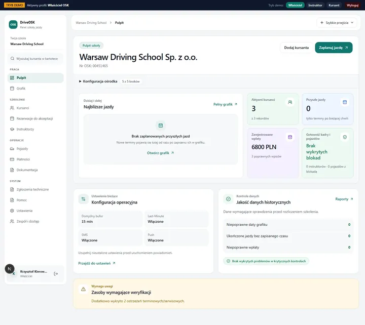 Panel OSK ONE — rzeczywisty ekran systemu szkoły jazdy w trybie demonstracyjnym.