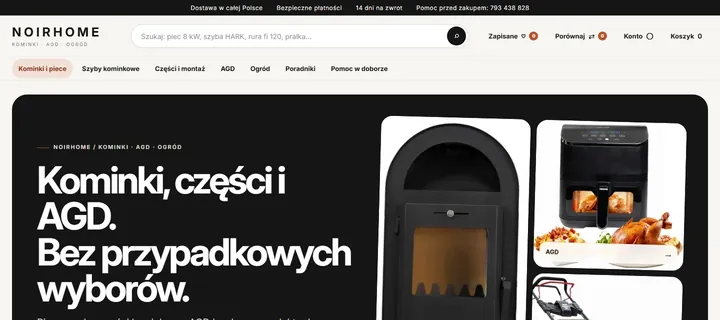 Rzeczywisty ekran sklepu NOIRHOME. Widok strony głównej.